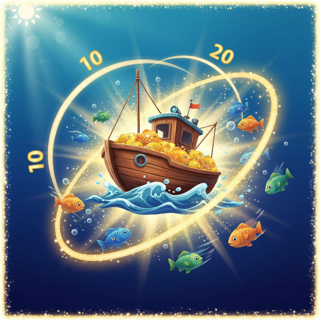 Fishin' Frenzy Boat Scatter symbol with golden glow triggering 10 to 20 Free Spins bonus