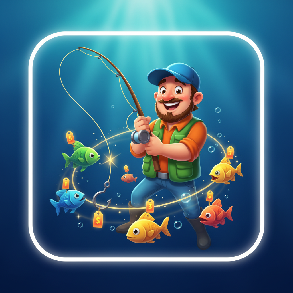 Fisherman Wild symbol in Fishin' Frenzy collecting fish tag prizes during Free Games bonus round