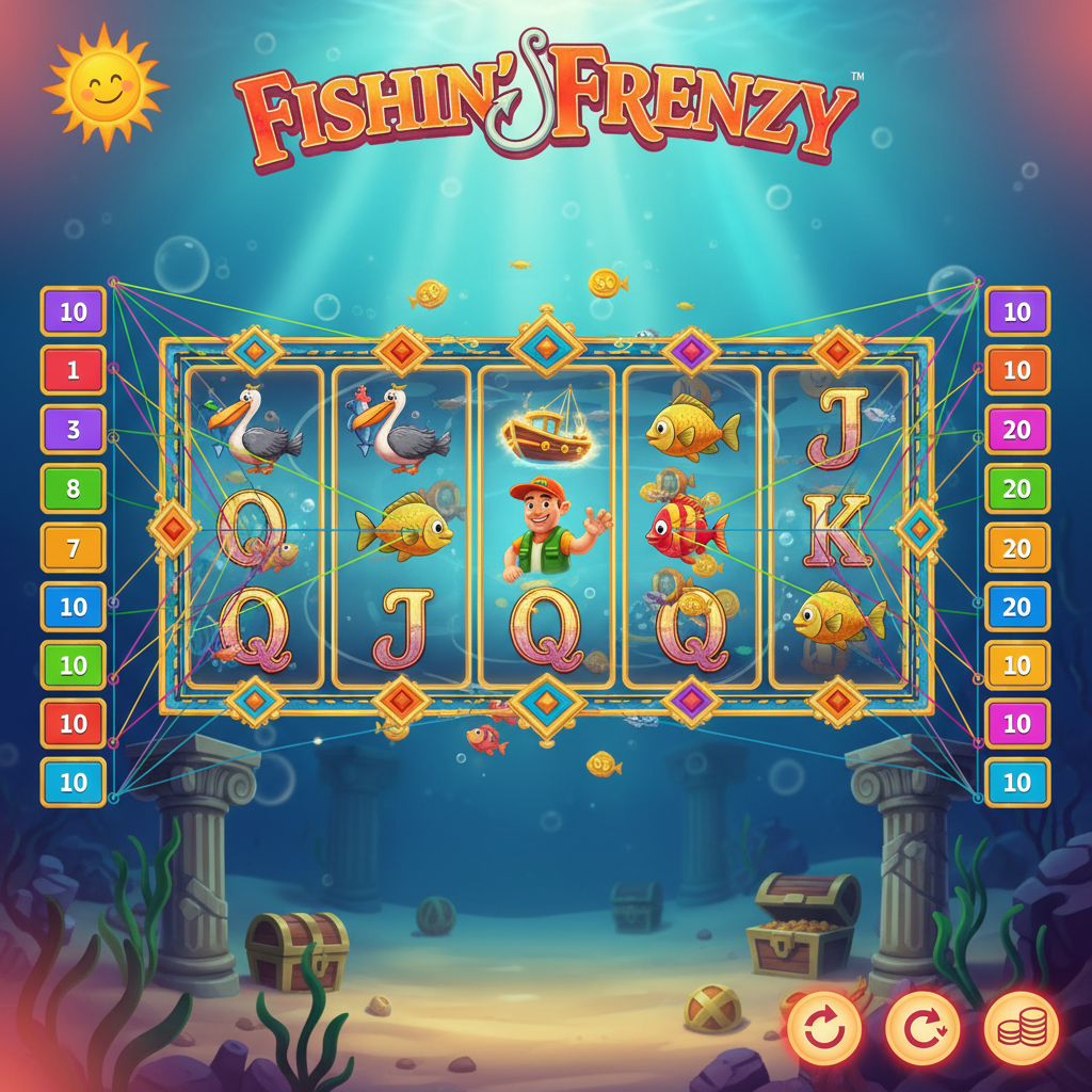 Fishin' Frenzy 5x3 reel grid layout with coloured payline indicators numbered 1 to 10 on both sides of the reels
