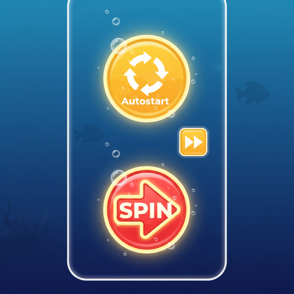 Fishin' Frenzy autoplay and spin control buttons including circular arrow autostart button and fast forward option for base game spins