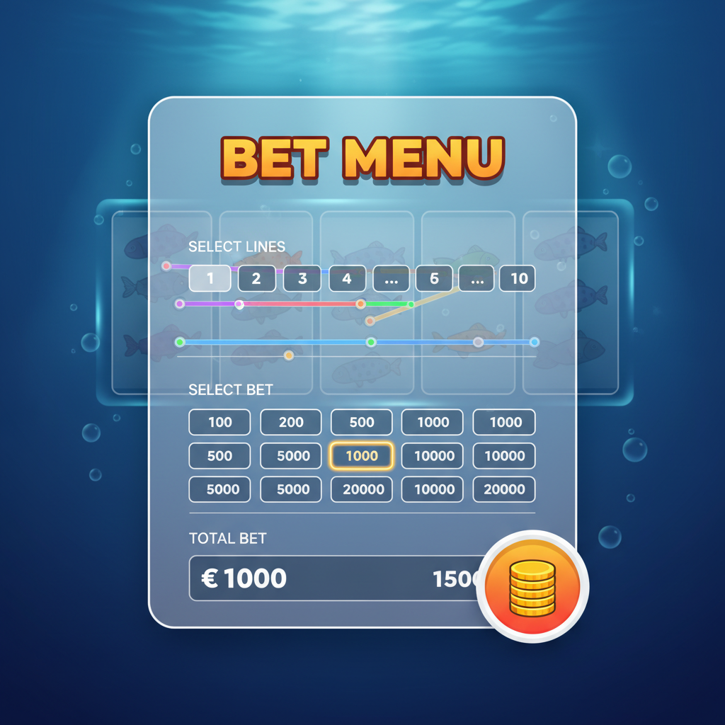 Fishin' Frenzy bet menu showing stack of coins button, select lines and select bet options for adjusting total wager