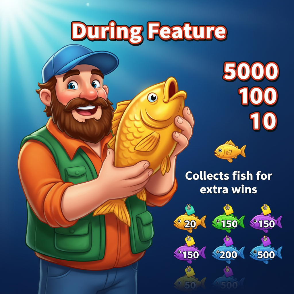 Fishin' Frenzy During Feature paytable screen showing Fisherman Wild payout values of 5000, 500, 100 and 10 on deep blue underwater background