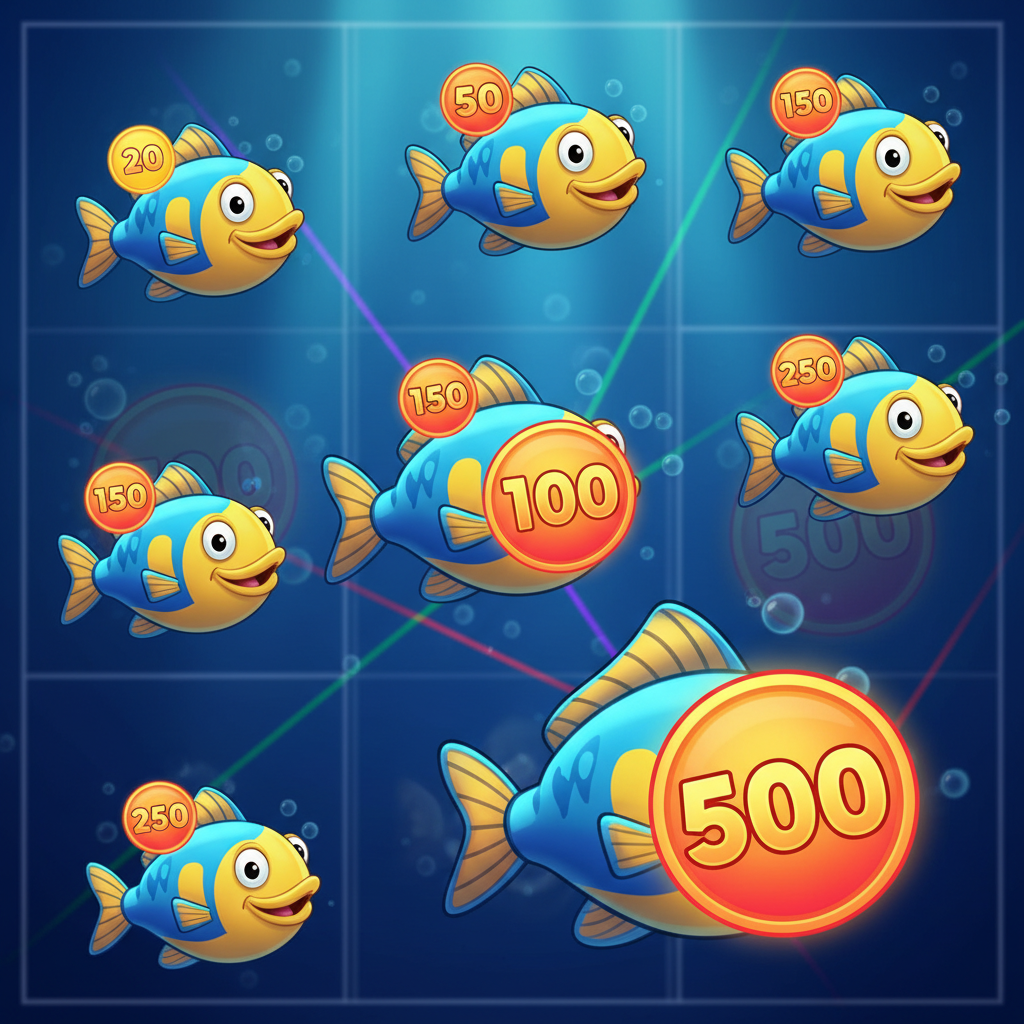 Fishin' Frenzy fish symbols displaying cash tag prize values of 20, 50, 100, 150, 200, 250 and 500 units on the reels