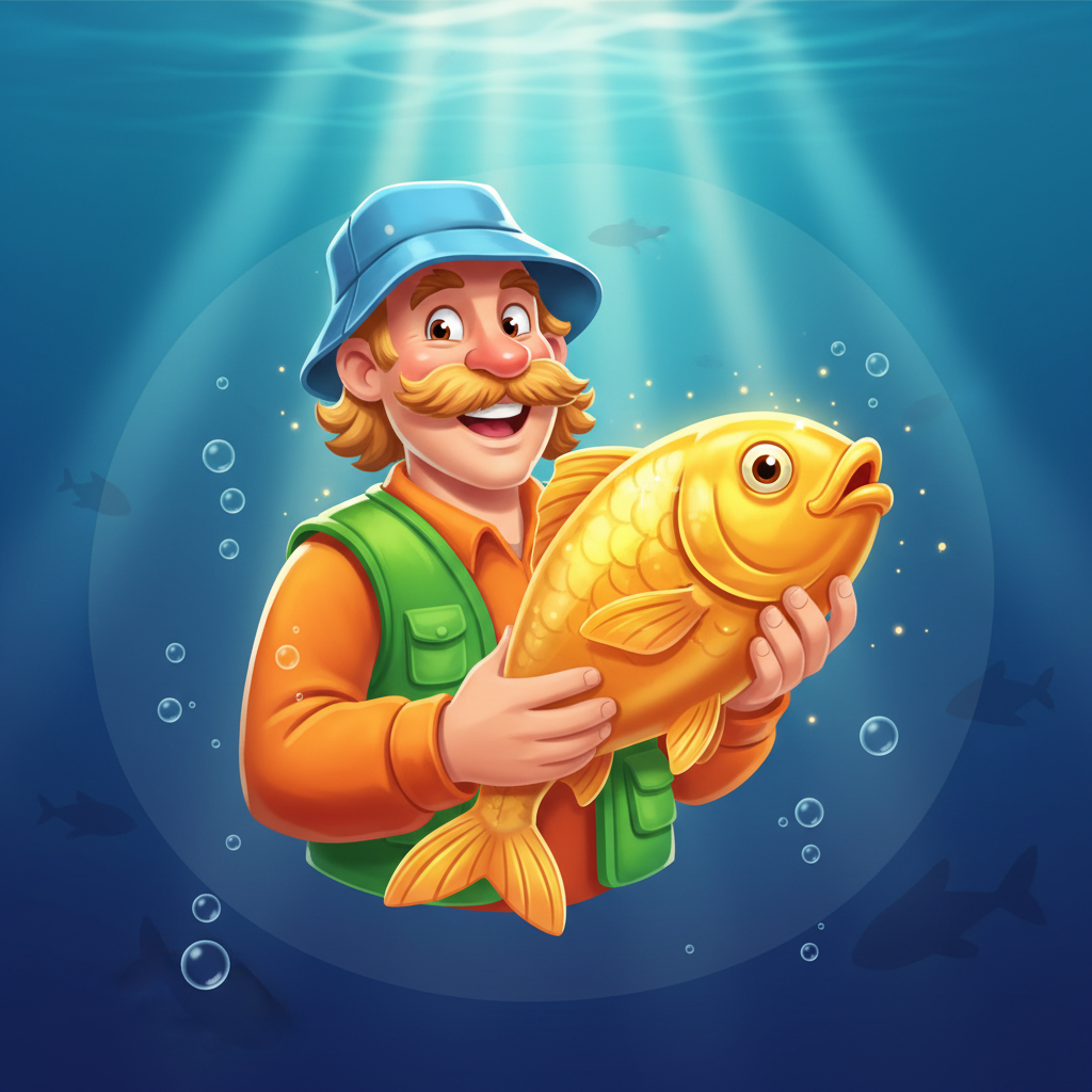 Fishin' Frenzy Fisherman Wild character smiling in green vest and orange shirt holding a large golden fish