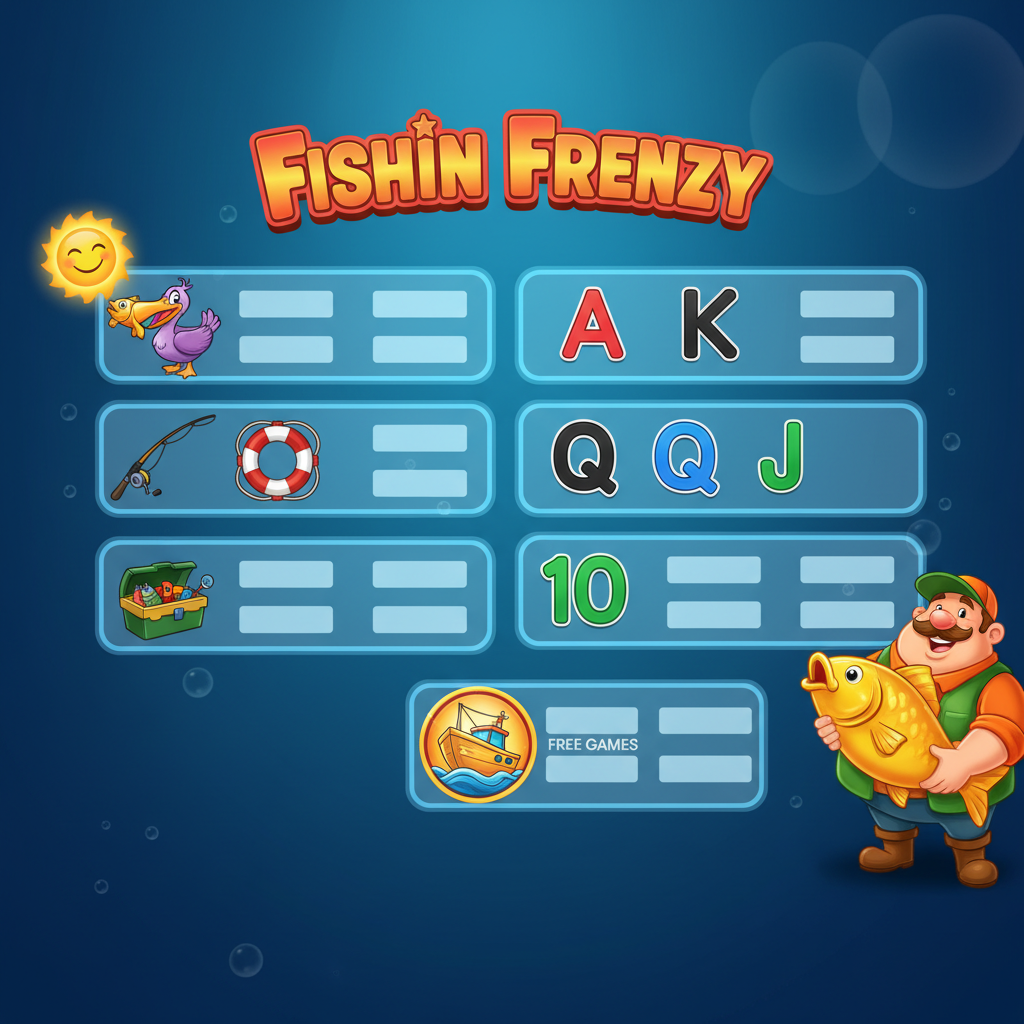 Fishin' Frenzy paytable showing all symbols including Pelican, Fishing Rod, Life Preserver, Tackle Box and card symbols with their payout values